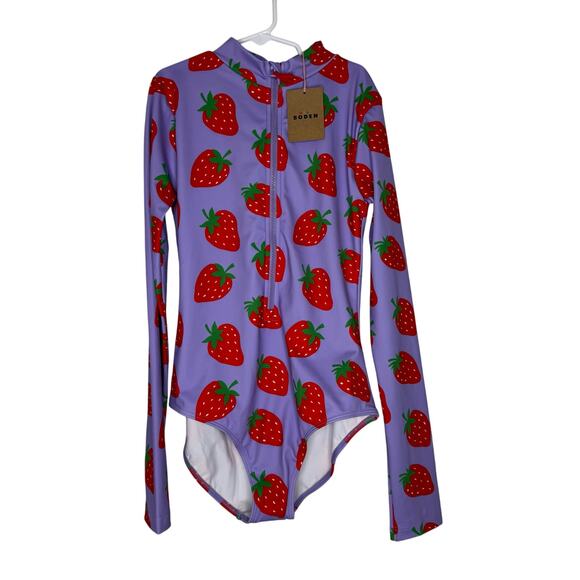 NWT Mini Boden Girls 13/14 Rashguard Swimsuit Strawberry Purple Bathing Suit - Picture 1 of 3